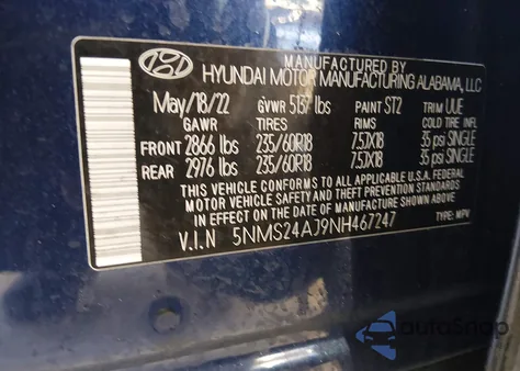 2022 Hyundai Santa Fe Sel from USA, damaged, VIN 5NMS24AJ9NH467247